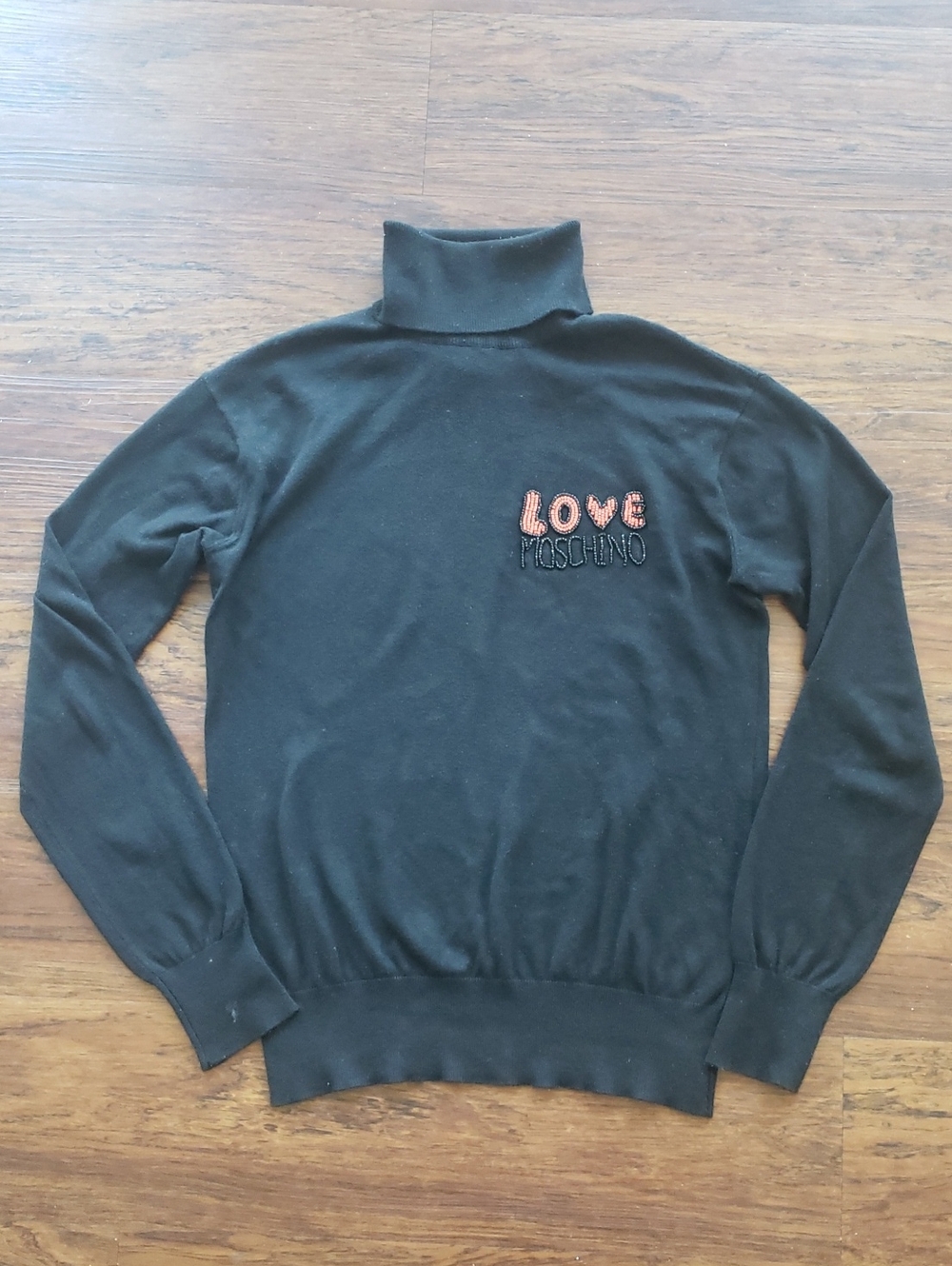 Love Moschino Black Turtleneck Sweater Size 4 Embroidered Logo Silk Blend Luxury